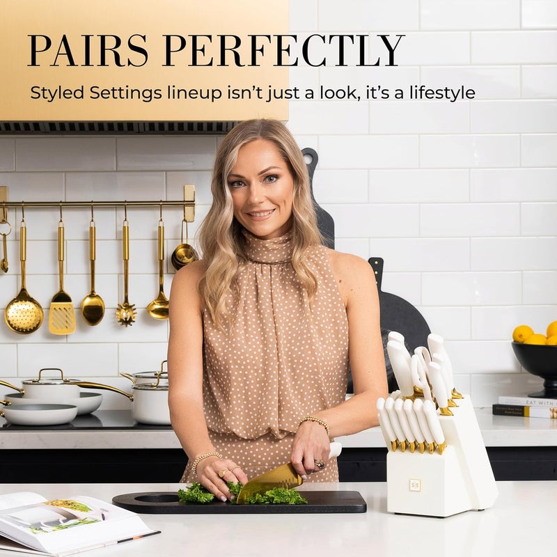 styled settings White and Gold Knife Set with Block - 14-Piece White Knife Set with Block and Built-In Sharpener – Titanium-Coated High Carbon Stainless Steel Blades - Gold Kitchen Accessories - Great for Gifting - Image 5